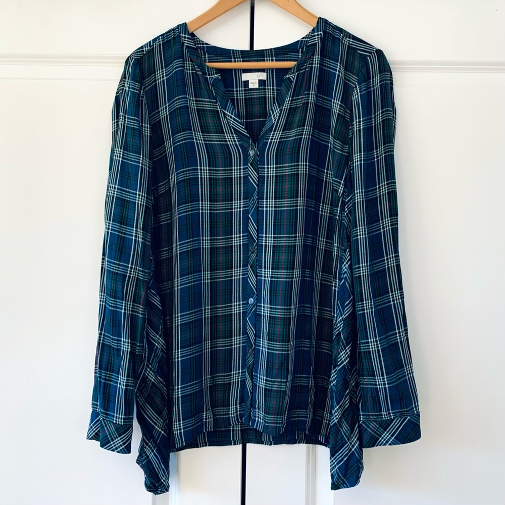 J. Jill Blouse Plaid Button Down Shirt Long Sleeve Green Relaxed Fit Size M